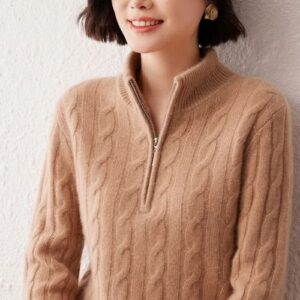 Half Zip Cashmere Cable Knit Sweater For Women