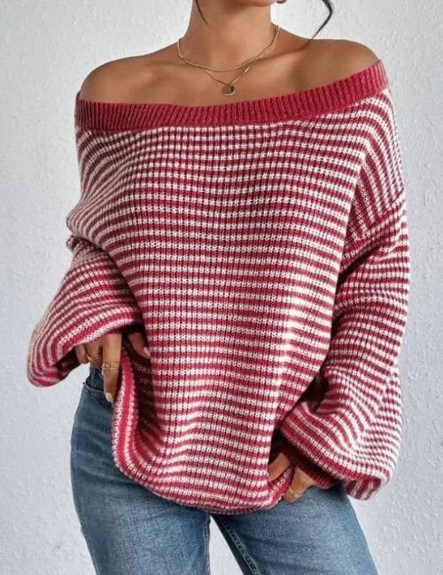 1-44.jpg Bared Off Shoulder Knitted Sweater For Women
