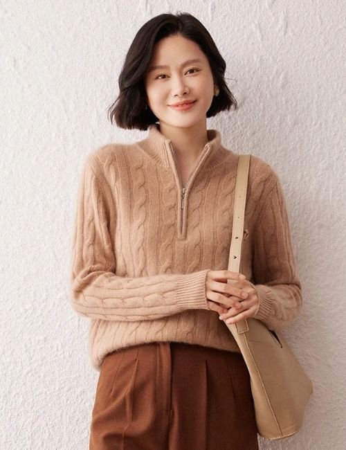3-33-1.jpg Half Zip Cashmere Cable Knit Sweater For Women - Image 5