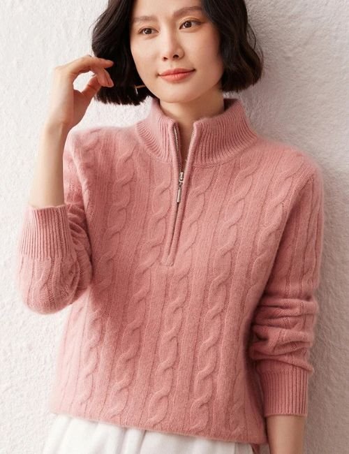 5-32-1.jpg Half Zip Cashmere Cable Knit Sweater For Women - Image 7