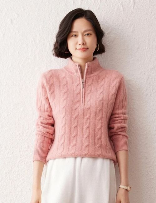 6-28.jpg Half Zip Cashmere Cable Knit Sweater For Women - Image 8
