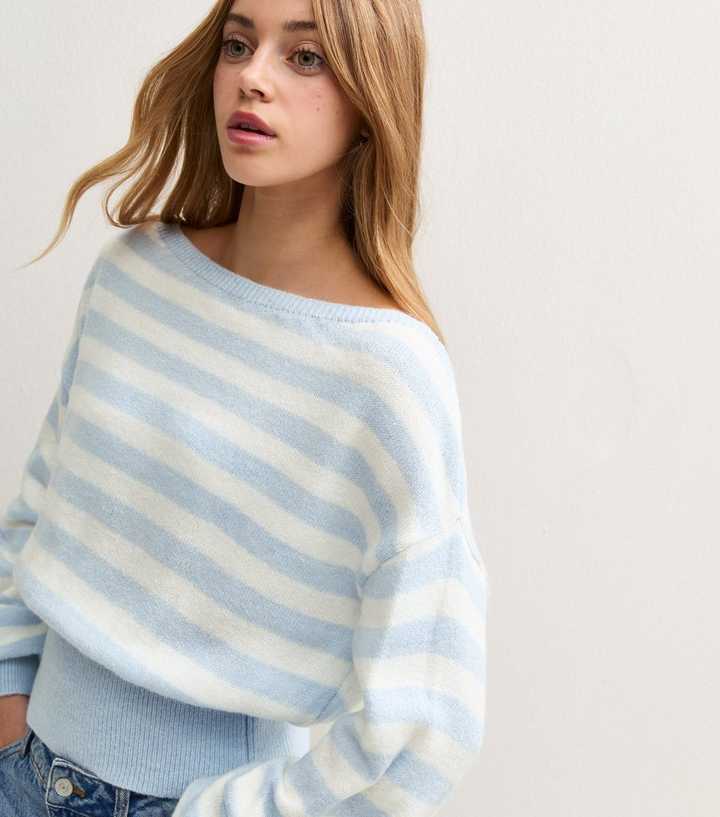 girls-blue-slash-neck-striped-knitted-jumper-1.jpg Girls Blue Slash Neck Striped Knitted Jumper - Image 2