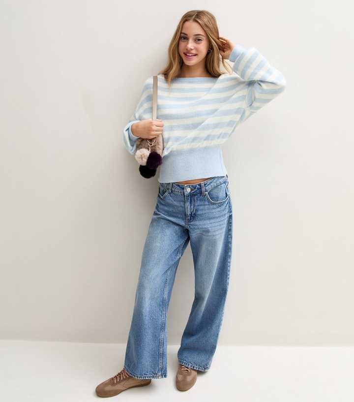 girls-blue-slash-neck-striped-knitted-jumper-2.jpg Girls Blue Slash Neck Striped Knitted Jumper - Image 3