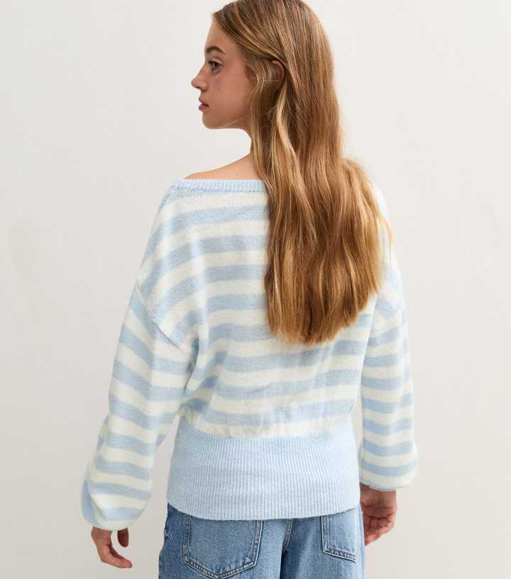girls-blue-slash-neck-striped-knitted-jumper-3.jpg Girls Blue Slash Neck Striped Knitted Jumper - Image 4