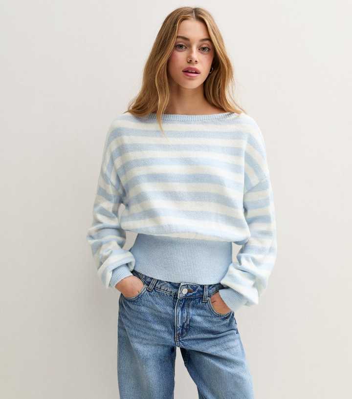 girls-blue-slash-neck-striped-knitted-jumper.jpg Girls Blue Slash Neck Striped Knitted Jumper