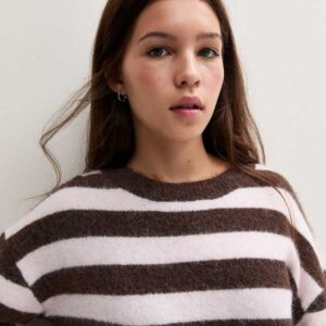 Girls Brown Striped Crew Neck Jumper