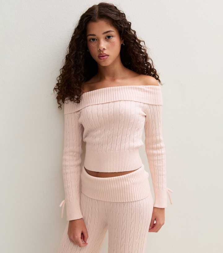 girls-light-pink-cable-knit-bardot-jumper-6.jpg Girls Light Pink Cable Knit Bardot Jumper - 图片 2