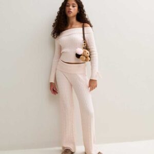 Girls Light Pink Cable Knit Wide Leg Trousers