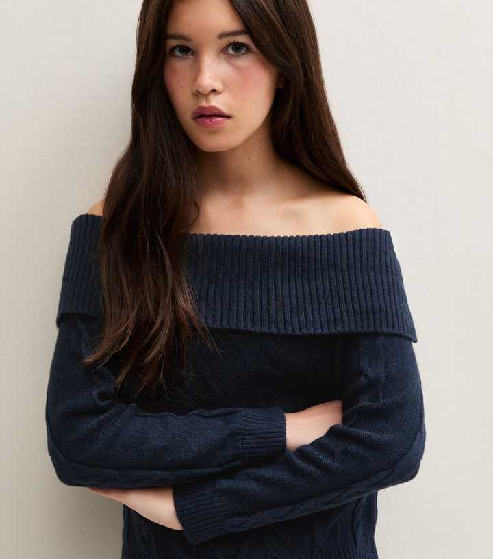girls-navy-cable-knit-bardot-jumper-1.jpg Girls Navy Cable Knit Bardot Jumper - Image 2