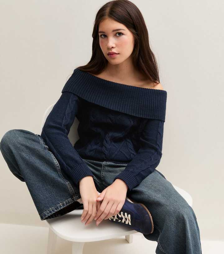 girls-navy-cable-knit-bardot-jumper-2.jpg Girls Navy Cable Knit Bardot Jumper - Image 3