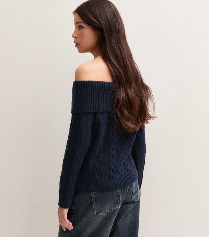 girls-navy-cable-knit-bardot-jumper-3.jpg Girls Navy Cable Knit Bardot Jumper - Image 4