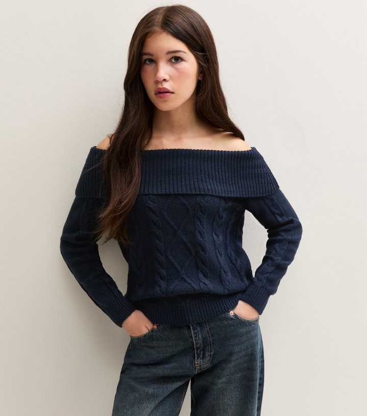 girls-navy-cable-knit-bardot-jumper.jpg Girls Navy Cable Knit Bardot Jumper