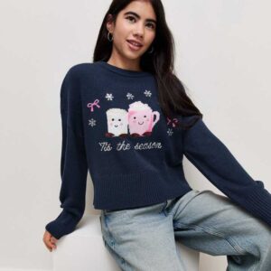 Girls Navy Knitted Hot Chocolate Print Jumper
