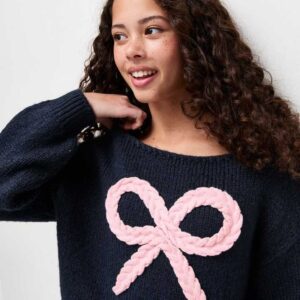 Girls Navy Plaited Bow Knitted Jumper