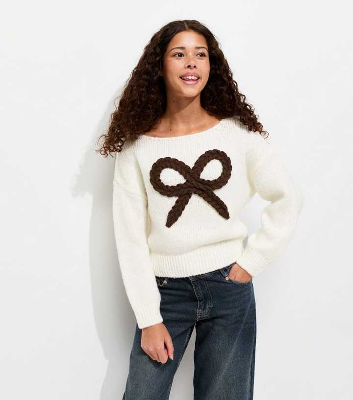 girls-off-white-plaited-bow-knitted-jumper-1.jpg Girls Off White Plaited Bow Knitted Jumper - Image 2