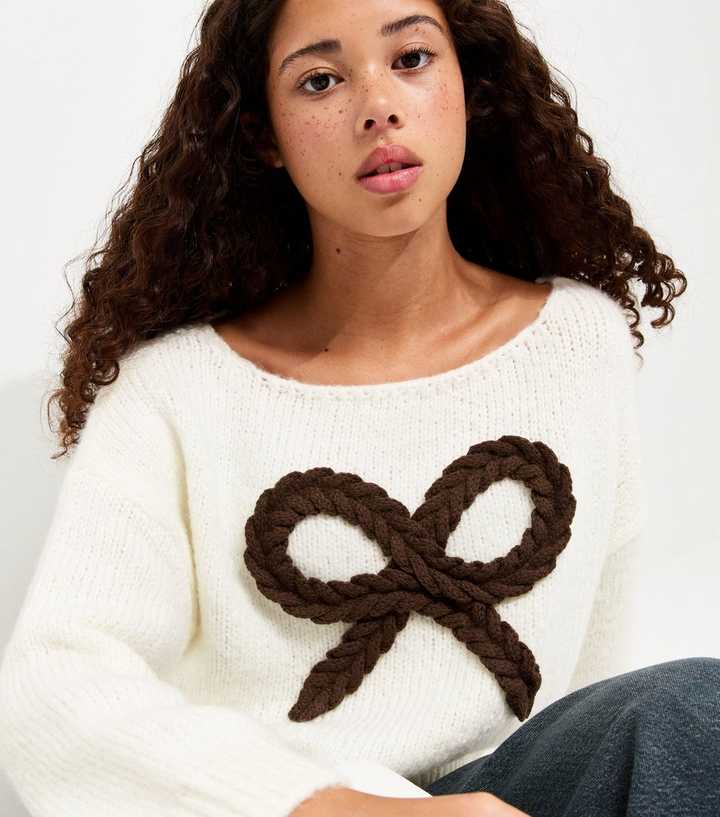girls-off-white-plaited-bow-knitted-jumper.jpg Girls Off White Plaited Bow Knitted Jumper