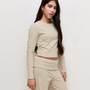Girls White Stripe Soft Touch Ruched Long Sleeve Top